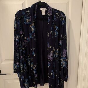 Brylane sz L Floral Stretchy‎ Slinky liquid knit Travel Blue Waterfall Cardigan